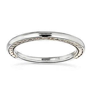 Unique ethical wedding band with a braided rope design inlay in two tone 14k white gold and rose gold