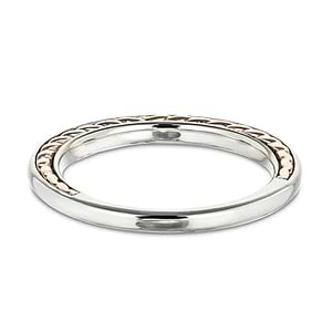 Wedding band with a braided rope design inlay in two tone 14k white gold and rose gold shown from back