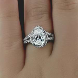 Split Shank Diamond Accented Halo Engagement Ring with 2ct Pear Cut Lab Grown Diamond in 14k Recycled White Gold worn on hand