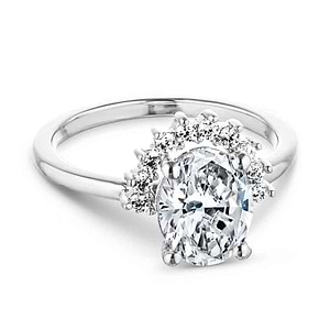 Vintage style half halo engagement ring with 1.5ct oval cut lab grown diamond in 14k white gold