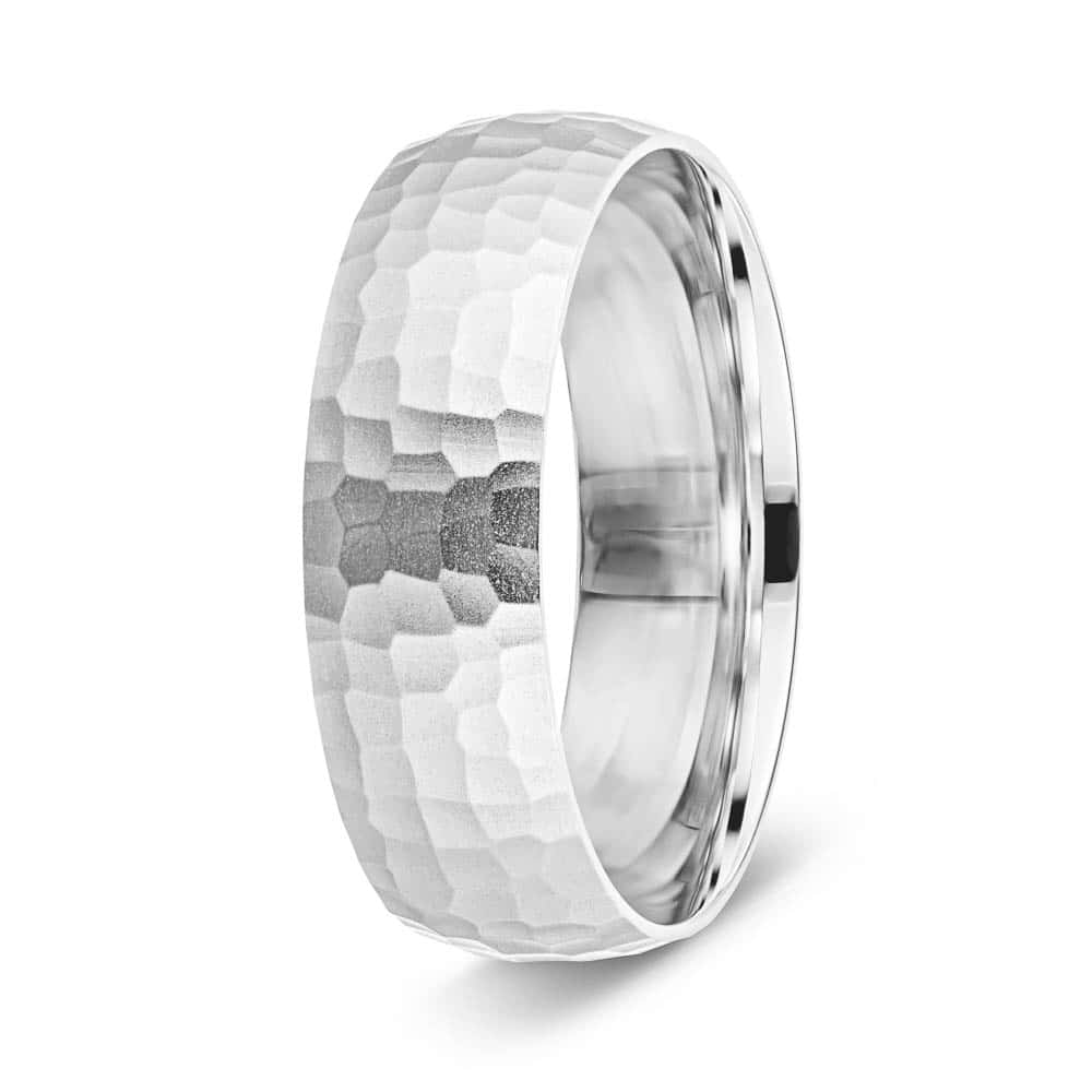 Canyon Men's Wedding Band shown in recycled 14K white gold with a cross hammer finish | canyon men’s wedding band recycled 14K white gold cross hammer finish