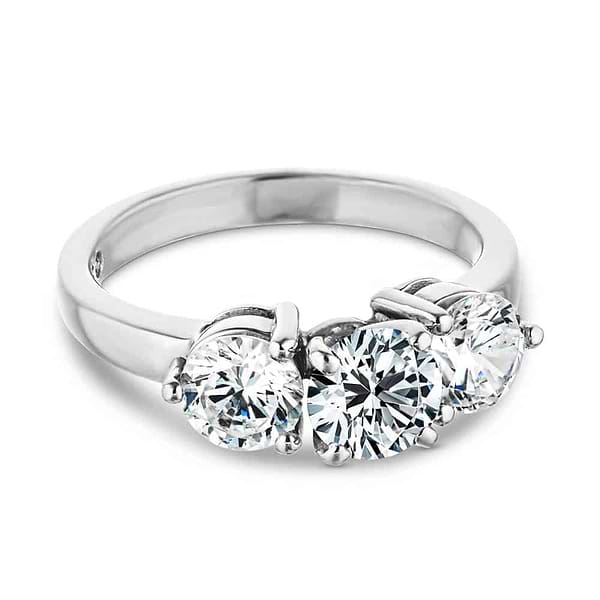 Shown with three Round Cut Lab Grown Diamonds in 14k White Gold|Three stone engagement with round cut lab grown diamonds in 14k white gold