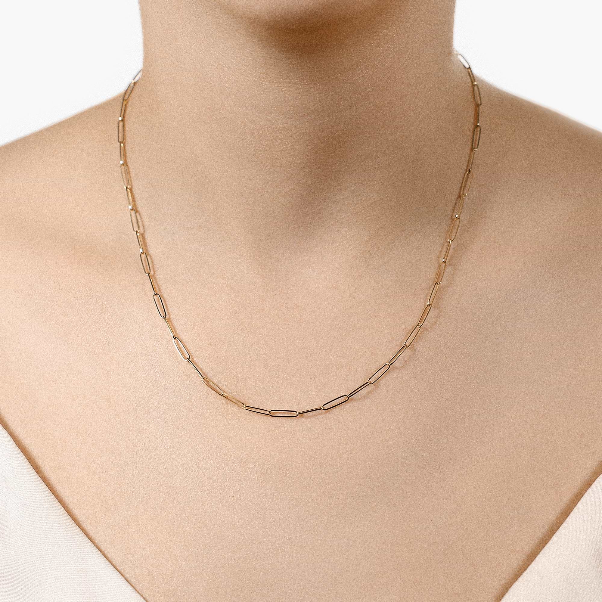 Paperclip Chain Necklace shown in 14K Yellow Gold|paperclip chain link necklace shown in 14k yellow gold 18 inch chain