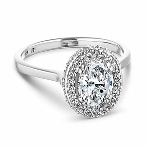 Antique style diamond accented halo engagement ring with 1ct oval cut lab grown diamond in 14k white gold