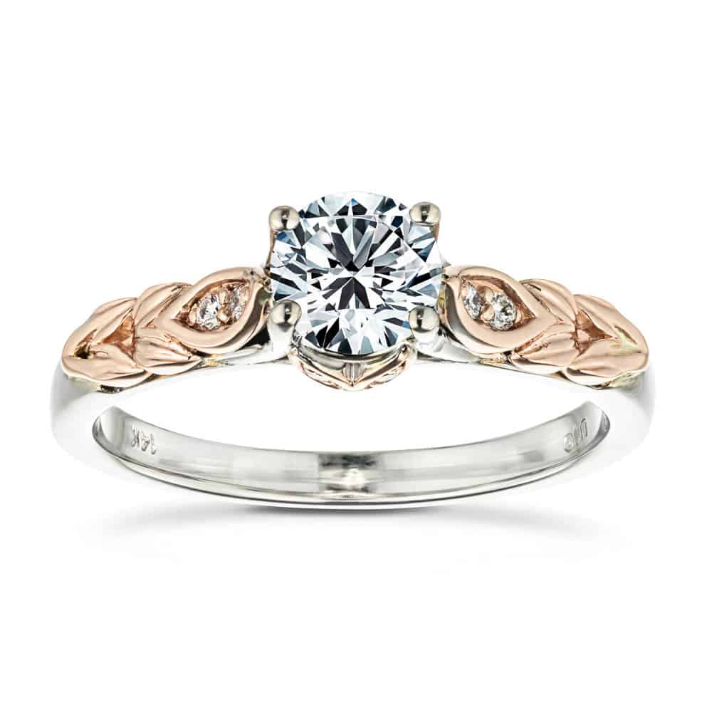 Shown with 1ct Round Cut Lab Grown Diamond in 14k White & Rose Gold|Antique nature inspired engagement ring with floral designed head holding a 1ct round cut lab grown diamond in two tone white and rose gold