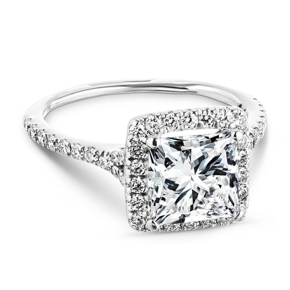 Shown with 2ct Princess Cut Lab Grown Diamond in 14k White Gold|Antique style diamond accented halo engagement ring with 2ct princess cut lab grown diamond in 14k white gold