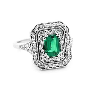 Antique style double diamond halo engagement ring with 1ct emerald cut lab created emerald in 14k white gold