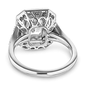 Antique style double halo engagement ring with 1ct emerald cut lab grown diamond in 14k white gold shown from back