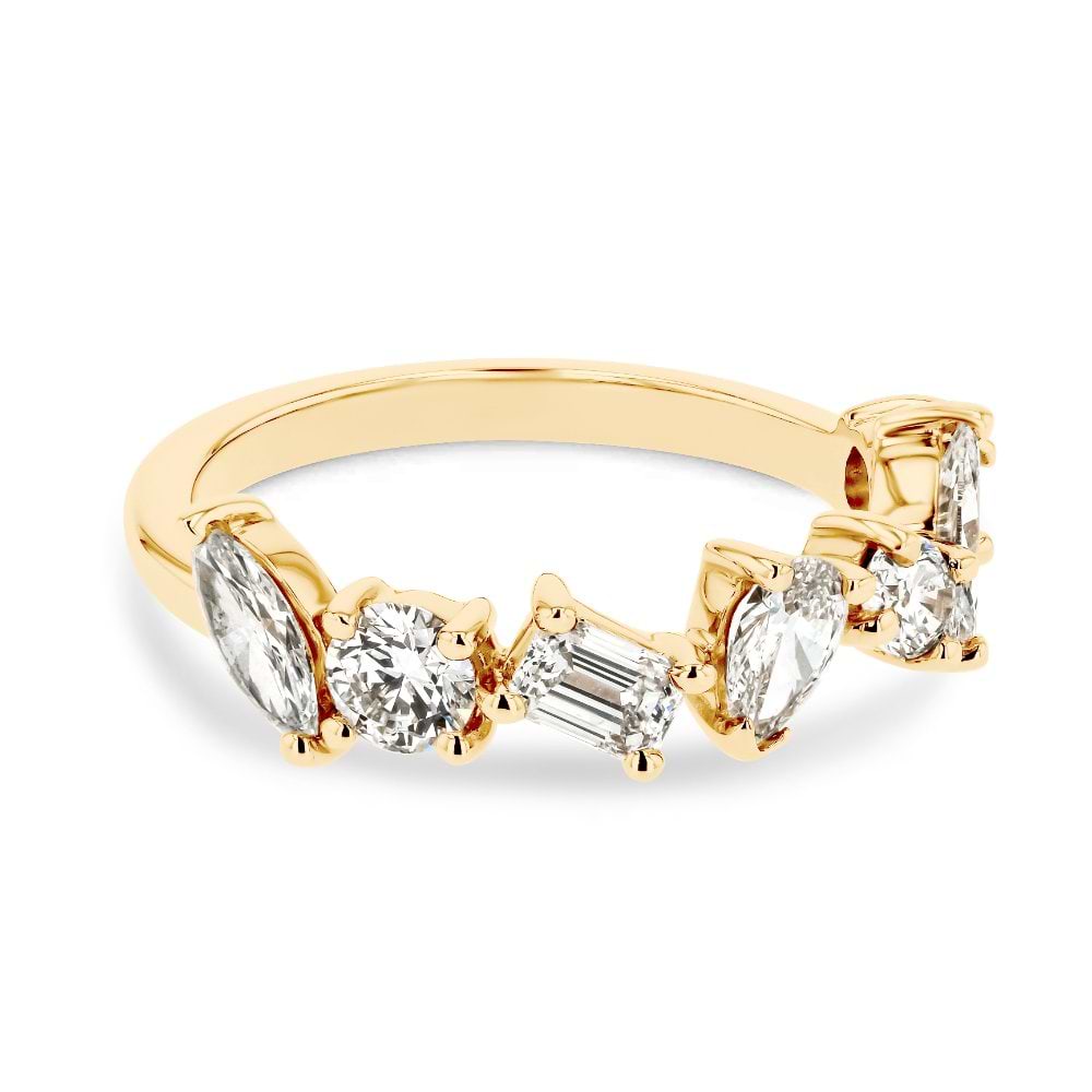 Shown in 14K Yellow Gold|fancy shape mixed lab grown diamond band in 14k yellow gold recycled metal