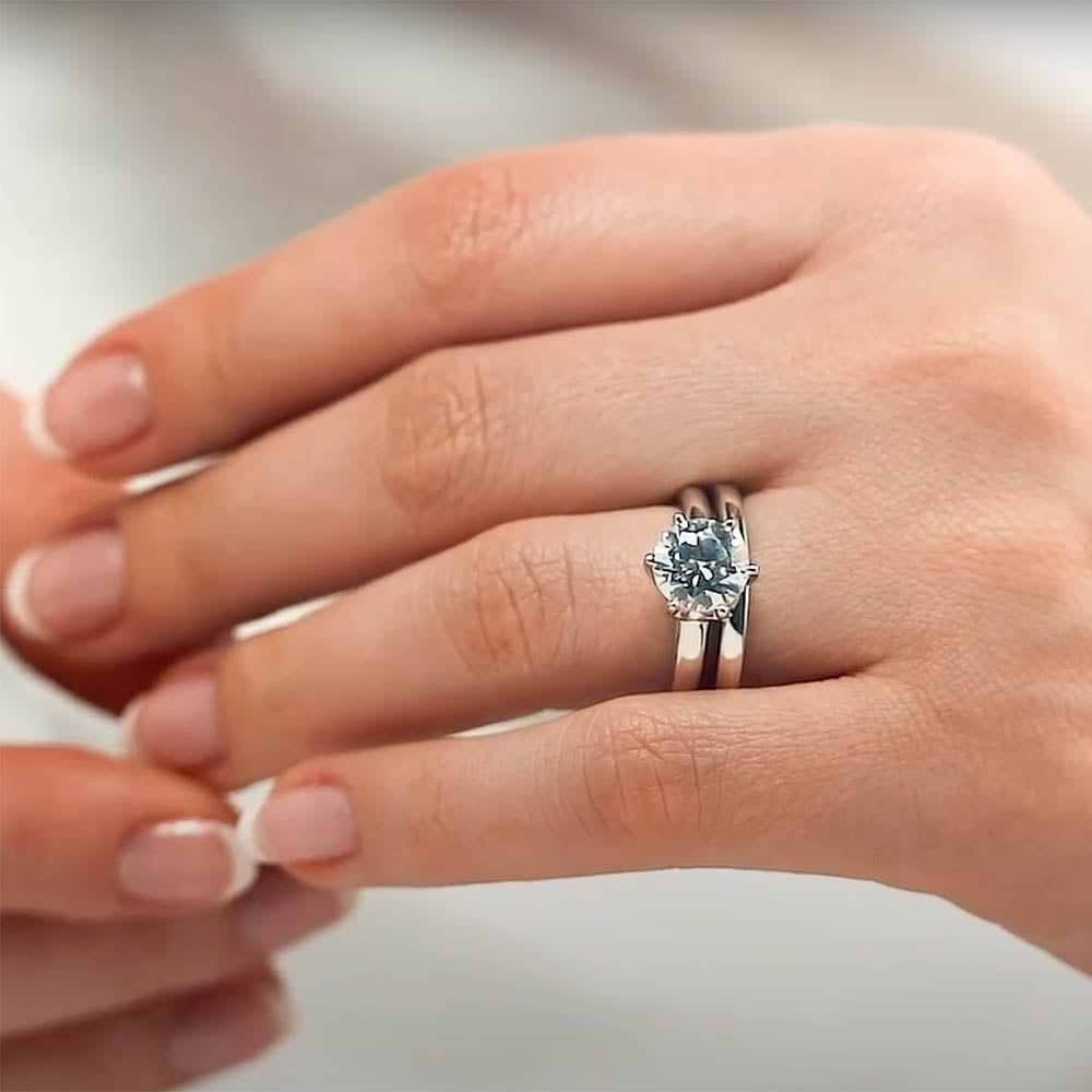 Engagement Ring Shown with Matching Wedding Band Available as a Set for a Discount|Affordable simple solitaire wedding ring set with lab grown diamond ion 14k white gold