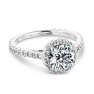 Elegant diamond accented halo engagement ring with 1ct round cut lab grown diamond in 14k white gold