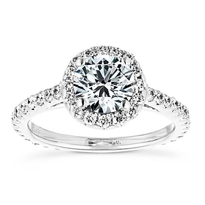Luxurious diamond accented halo engagement ring with 1ct round cut lab grown diamond in 14k white gold