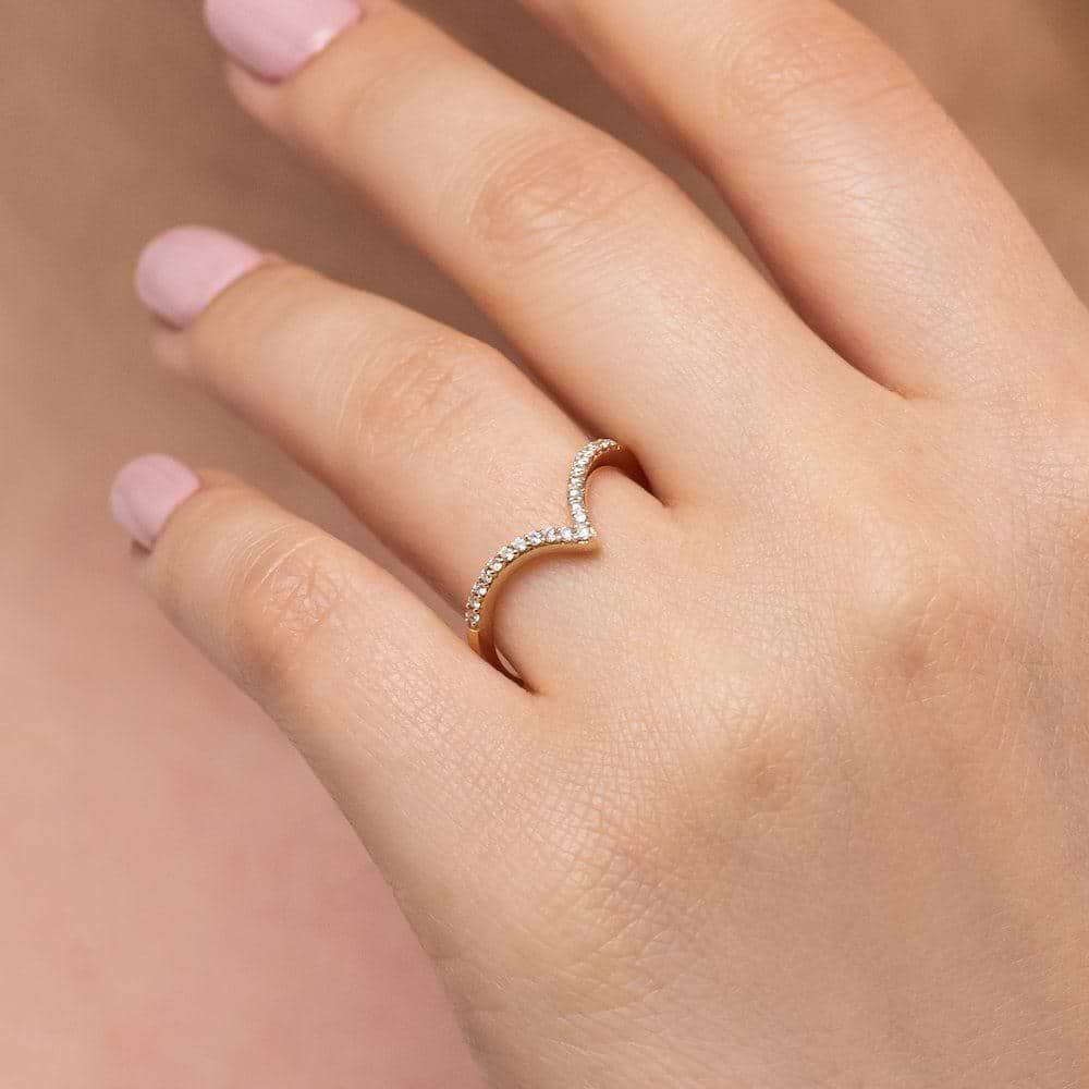 Deep V Ring with accenting recycled diamonds in recycled 14K yellow gold | v shaped fashion ring accenting recycled diamonds recycled 14K yellow gold