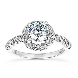 Unique twisted diamond halo engagement ring with a 1ct round cut lab grown diamond in a braided rope design 14k white gold band
