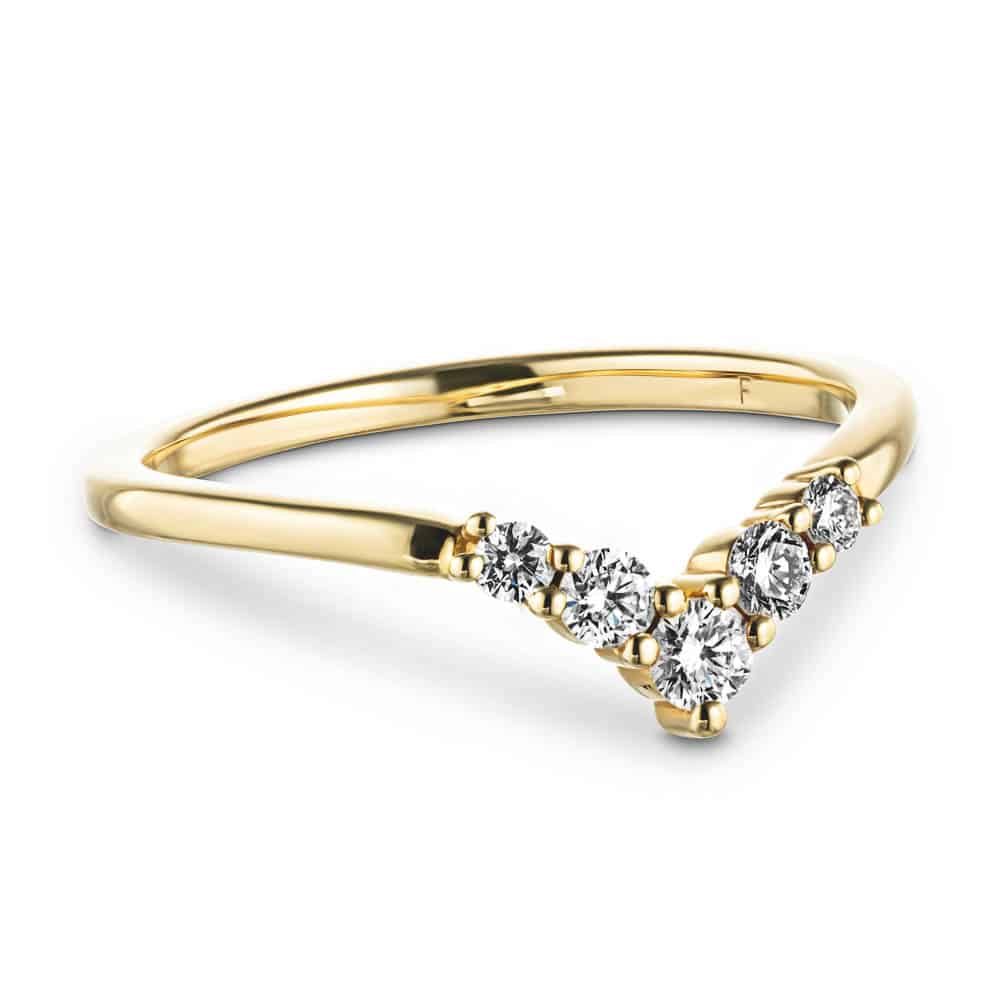 Shown in 14k Yellow Gold|Diamond V shaped wedding band with graduated accenting recycled diamond in 14k yellow gold