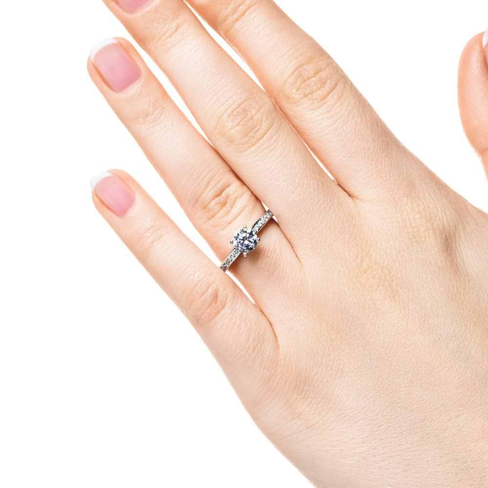 Drew Engagement Ring shown with a 0.57ct princess cut lab-grown diamond center stone in platinum |drew engagement ring princess cut lab-grown diamond platinum