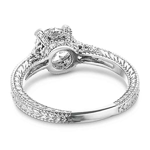 Antique style diamond accented engagement ring with 1ct round cut lab grown diamond in 14k white gold filigree detailed band shown from back