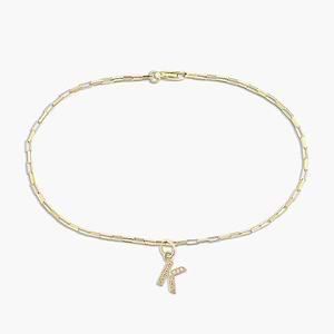 Elongagated Box Chain K Initial Bracelet in 14 Carat Yellow Gold with Lab Grown Diamonds by MiaDonna