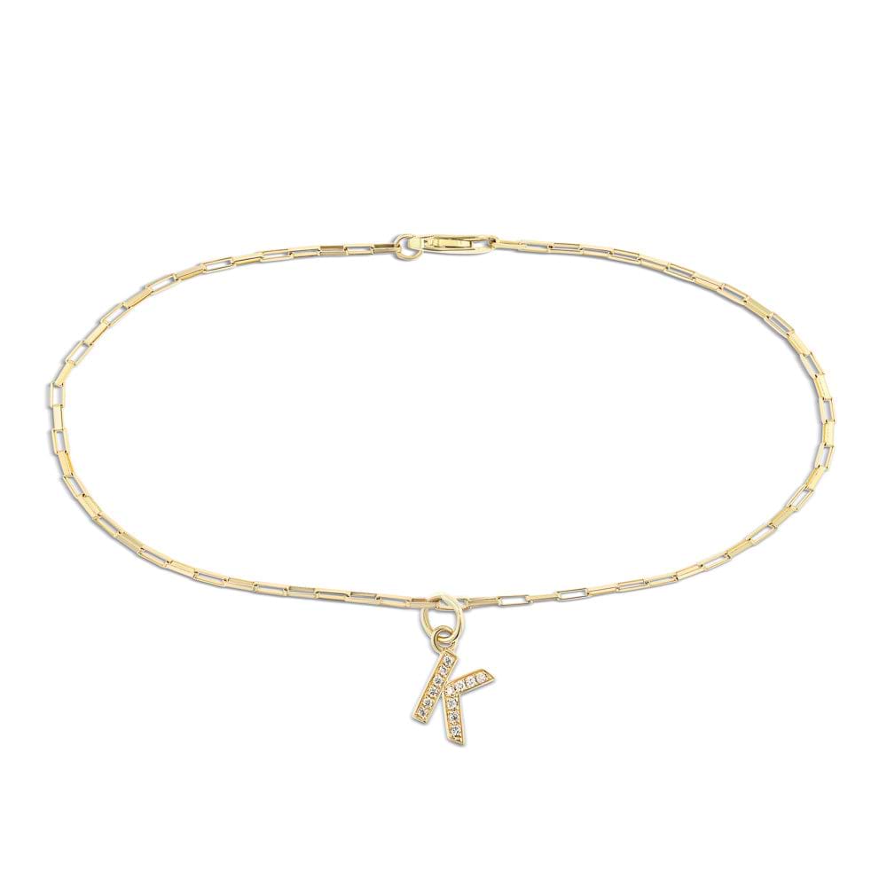 Shown in 14K Yellow Gold|elongagated box chain initial bracelet in yellow gold with lab grown diamonds from MiaDonna