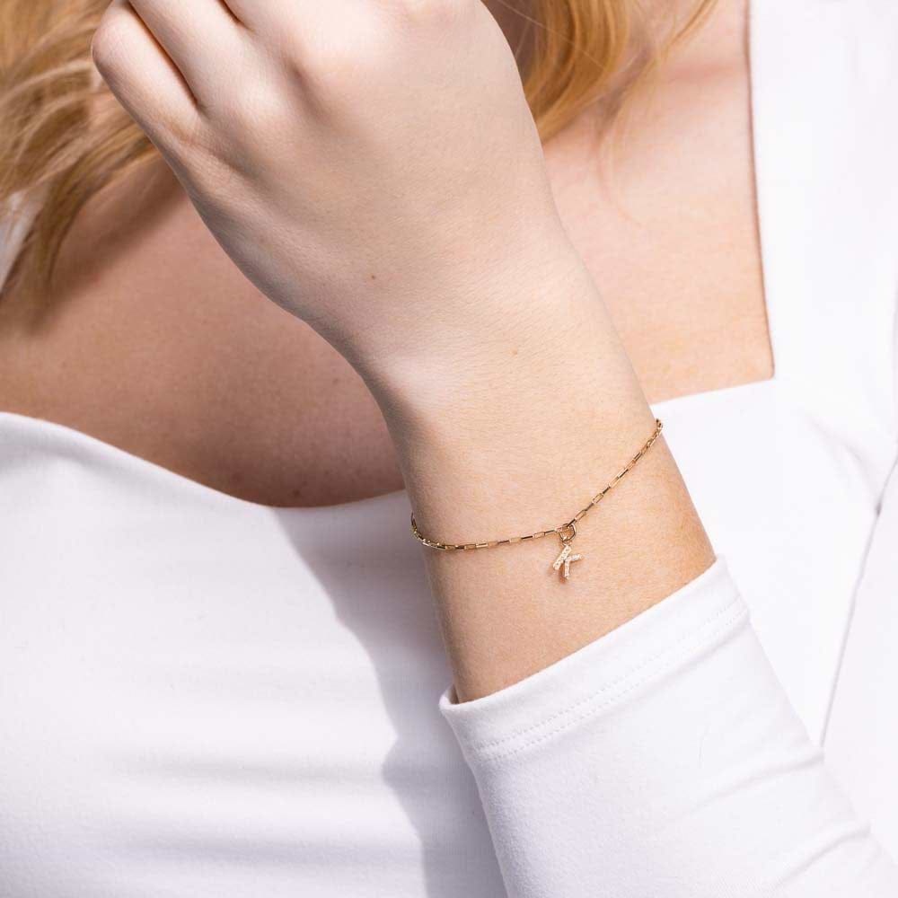Shown in 14K Yellow Gold with a "K" initial|Elongagated Box Chain K Initial Bracelet in 14 Carat Yellow Gold with Lab Grown Diamonds by MiaDonna