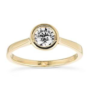 Contemporary sleek bezel engagement ring with 1ct round cut lab created diamond in 14k yellow gold