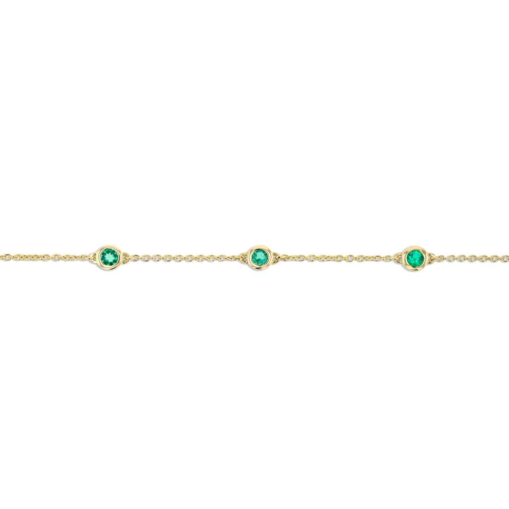 Shown with Lab Created Pink Sapphire Gemstones in 14K Yellow Gold|Woman wearing Pink Sapphire Bezel Station Chain Bracelet in 14 carat Yellow Gold from Lab Grown Gemstone specialists MiaDonna 