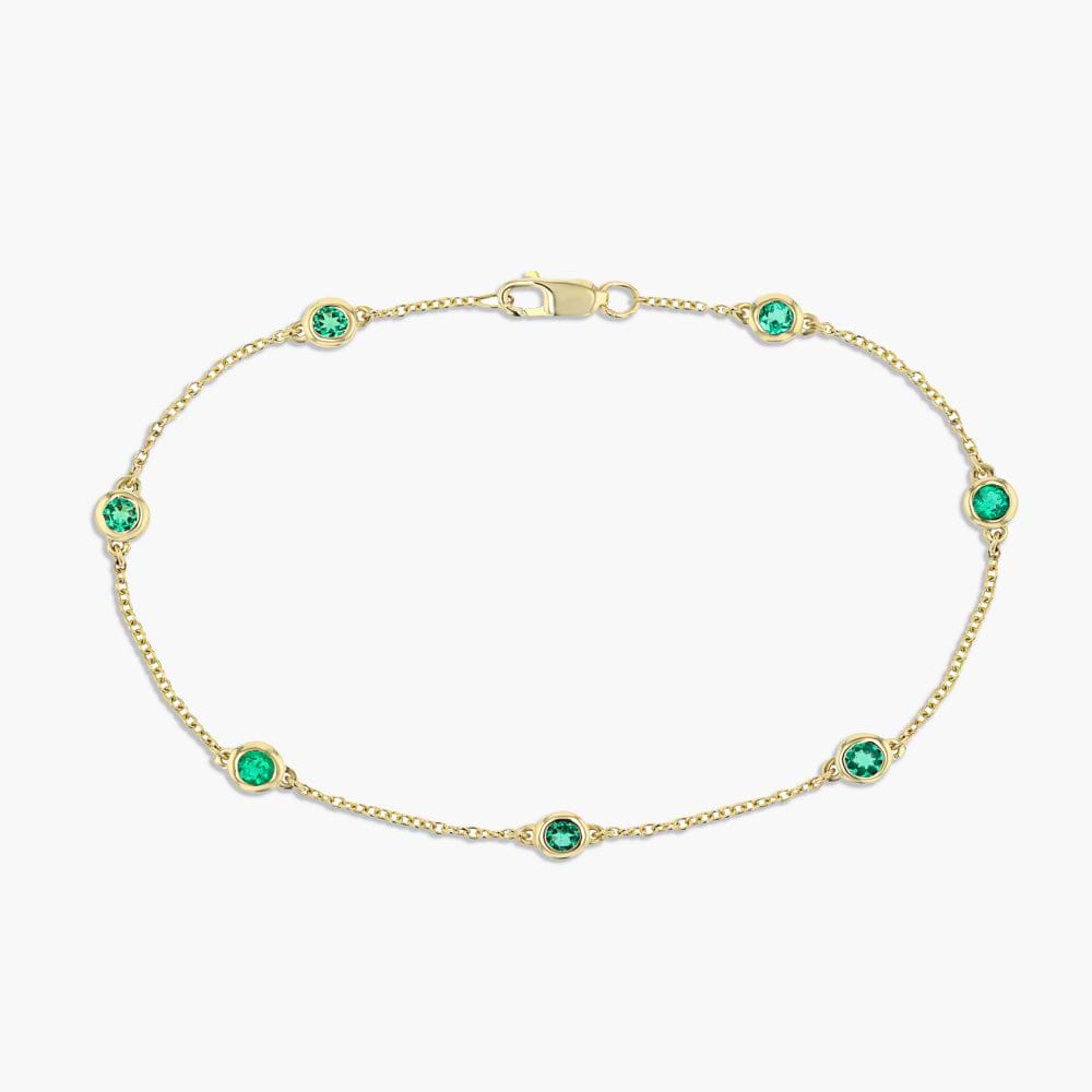  Shown in 14K Yellow Gold|Lab Created Emerald Gemstone in Bezel Station Chain Bracelet in 14 carat yellow gold by MiaDonna 