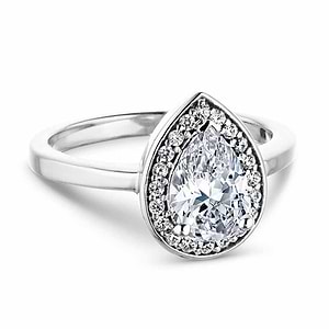 Diamond halo engagement ring with 1ct pear cut lab grown diamond set in 14k white gold