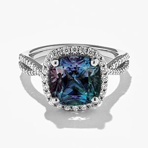 diamond accented halo engagement ring with alexandrite lab created gemstone in 14k white gold
