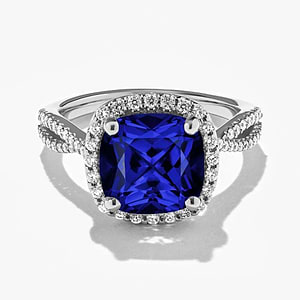 diamond accented halo engagement ring with blue sapphire lab created gemstone in 14k white gold