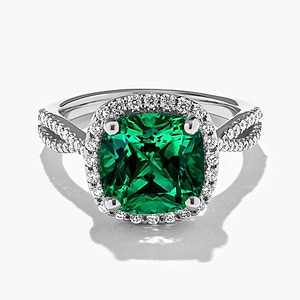 diamond accented halo engagement ring with emerald lab created gemstone in 14k white gold