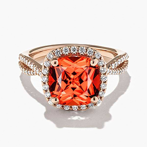 diamond accented halo engagement ring with padparadscha lab created gemstone in 14k rose gold