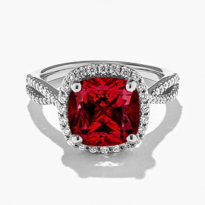 diamond accented halo engagement ring with ruby lab created gemstone in 14k white gold