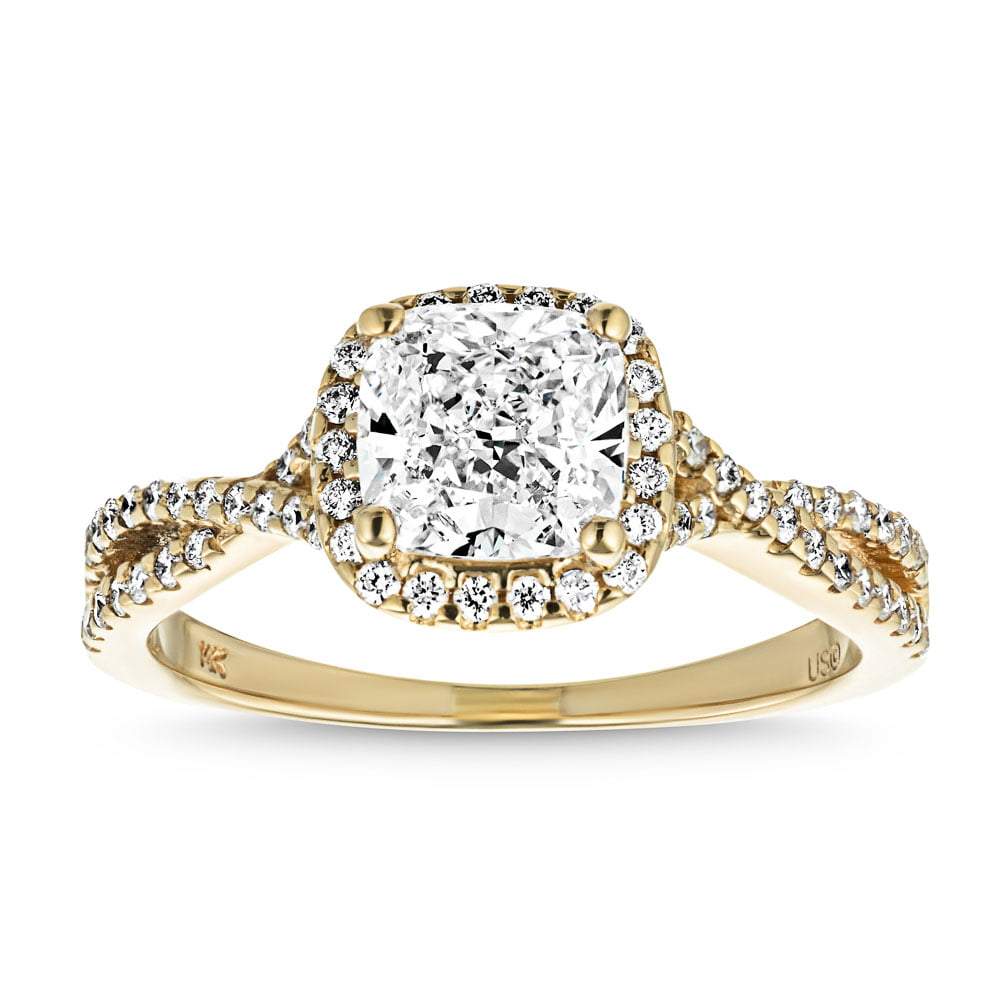 Shown with 1ct Cushion Cut Lab Grown Diamond in 14k Yellow Gold|Luxury fashion ring with accented diamond halo and split shank band set with 1ct cushion cut lab grown diamond in 14k yellow gold