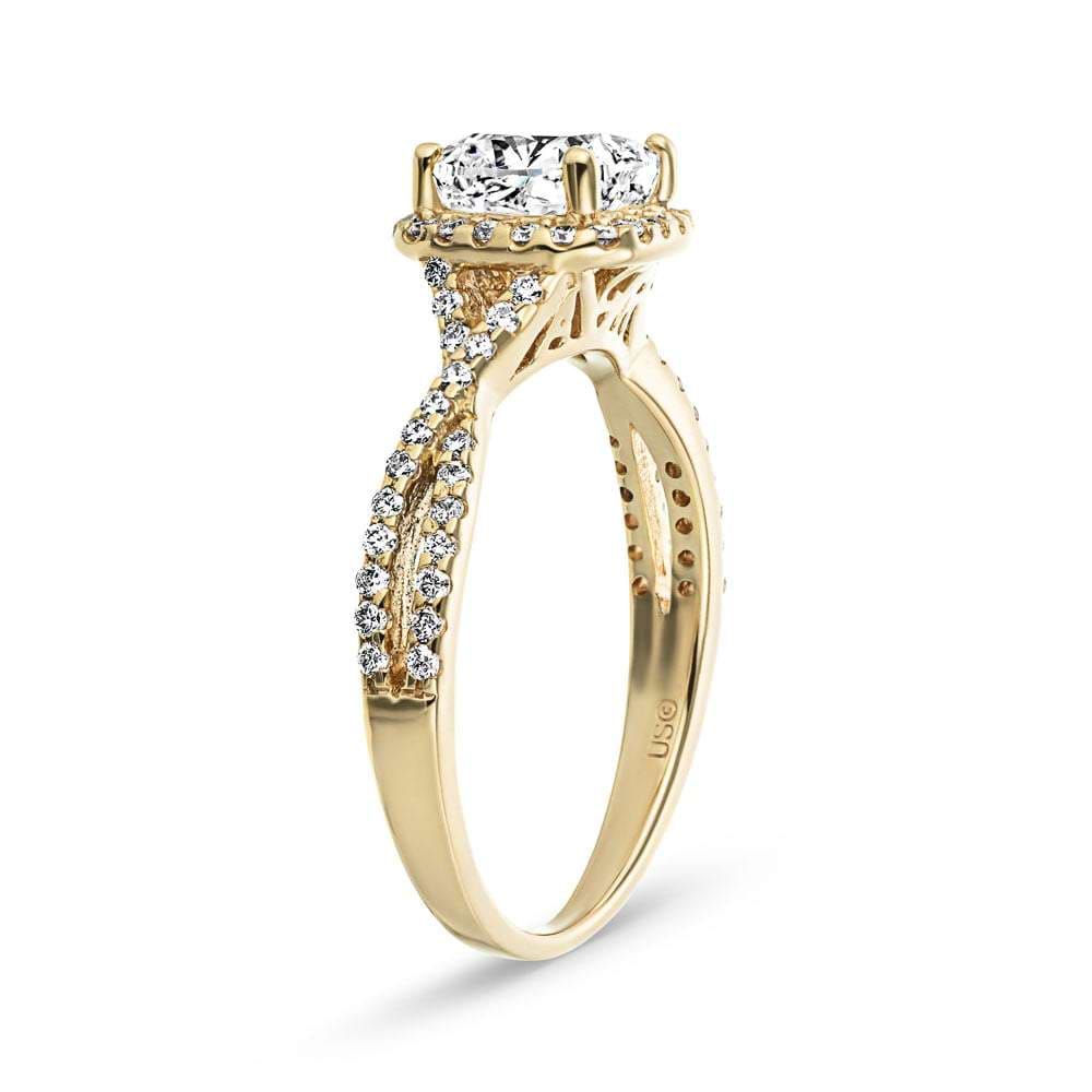 Shown with 1ct Cushion Cut Lab Grown Diamond in 14k Yellow Gold|Luxury fashion ring with accented diamond halo and split shank band set with 1ct cushion cut lab grown diamond in 14k yellow gold
