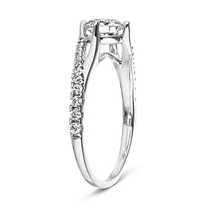 Modern engagement ring with twisted diamond accented band set with 1ct round cut lab grown diamond in 14k white gold shown from side