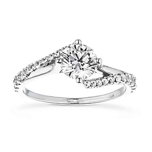 Affordable engagement ring with twisted diamond accented band set with 1ct round cut lab grown diamond in 14k white gold
