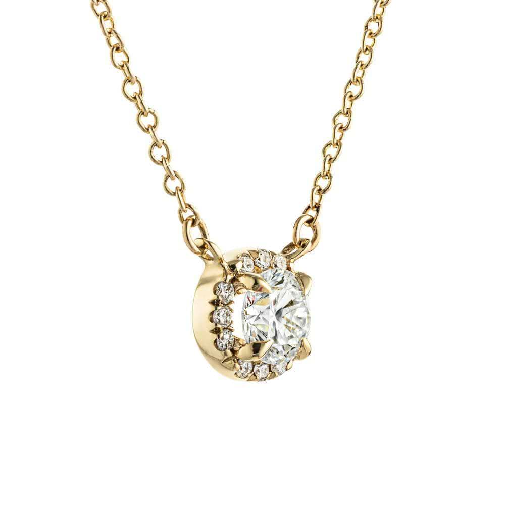 French Halo Pendant w/Round Cut Lab-Grown Diamond in 14K yellow gold | french halo pendant necklace lgd diamond pendant gold