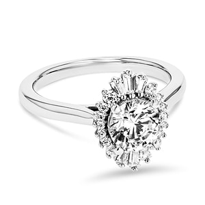 diamond halo engagement ring with lab grown diamonds set on 14k white gold plain metal band
