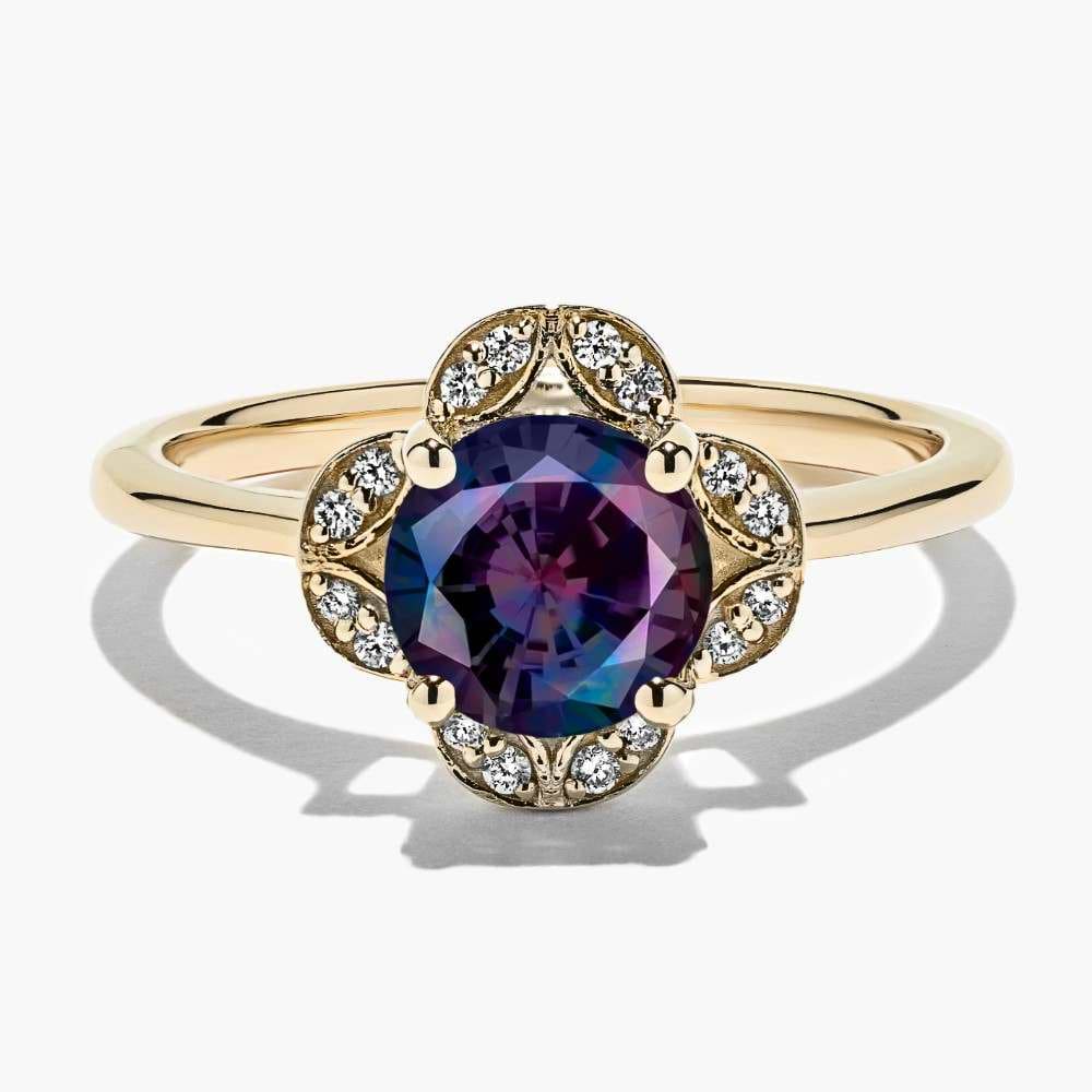 Shown here with a Round Cut Lab Created Alexandrite in 14K Yellow Gold