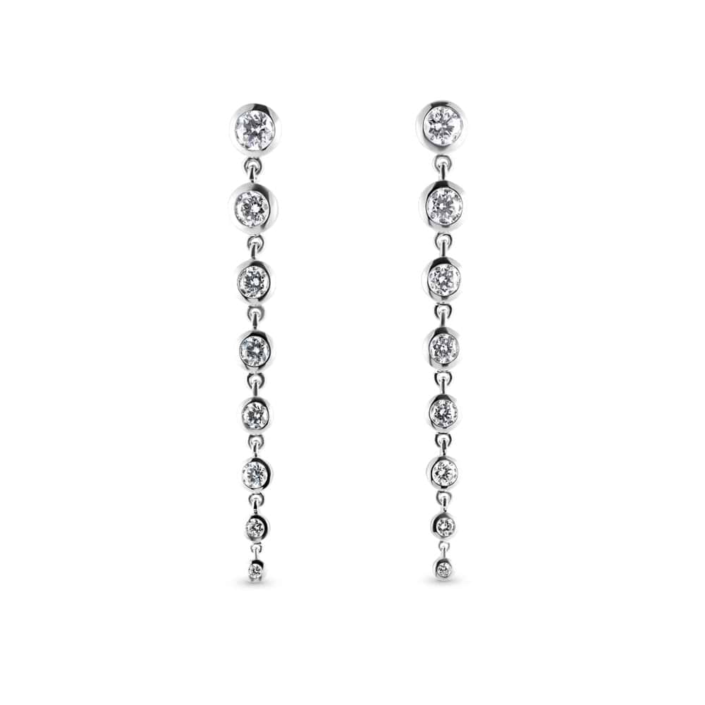 Shown in 14k White Gold|Beautiful graduated bezel drop earrings set with round lab grown diamonds in 14k white gold