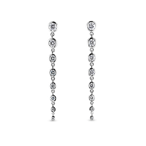 Beautiful graduated bezel drop earrings set with round lab grown diamonds in 14k white gold