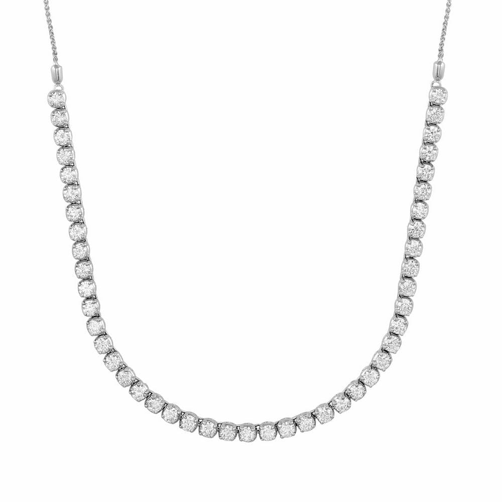 Shown with 3ctw Lab Grown Diamonds in 14k White Gold|Beautiful half tennis necklace with 3ctw prong set round cut lab grown diamonds in 14k white gold