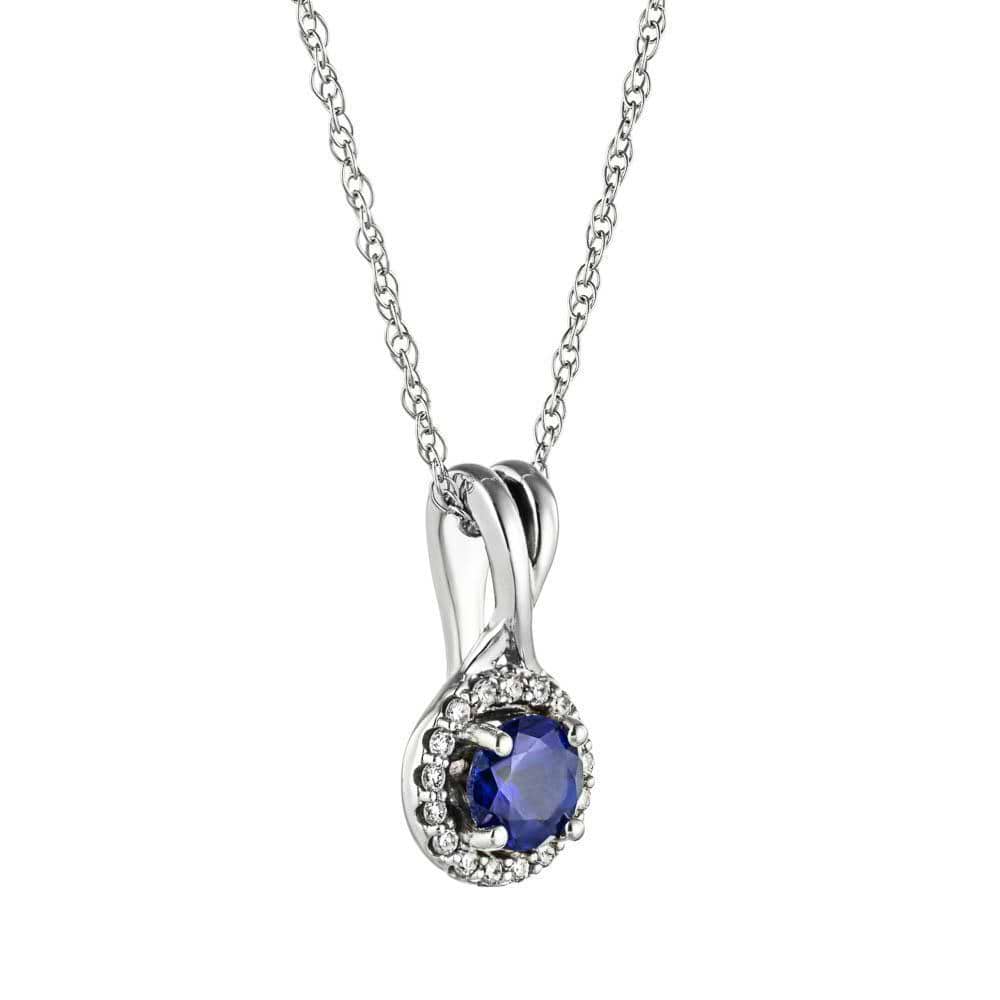 Halo Twist Pendant with a Round Blue Sapphire in 14K white gold | halo blue sapphire pendant in gold