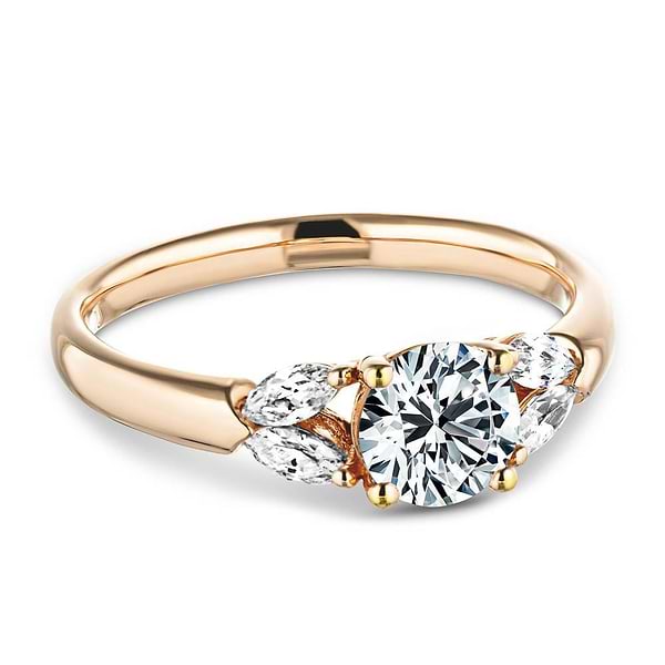 Shown with 0.75ct Round Cut Lab Grown Diamond Center in 14k Rose Gold|Affordable diamond accented engagement ring with 0.75ct round cut lab grown diamond center and 0.20ctw marquise cut side stones in 14k rose gold
