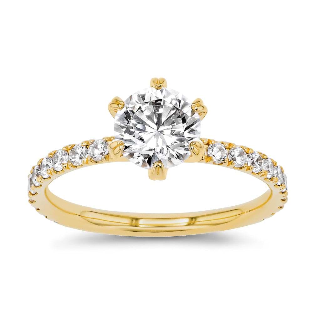 Shown here with a 1.0ct Round Cut Lab Grown Diamond center stone in 14K Yellow Gold|diamond accented 6 prong head engagement ring with round cut lab grown diamond center stone set in 14k yellow gold recycled metal