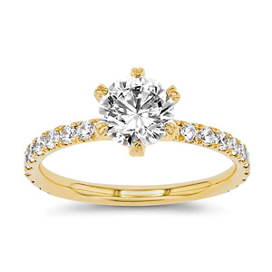 diamond accented 6 prong head engagement ring with round cut lab grown diamond center stone set in 14k yellow gold recycled metal