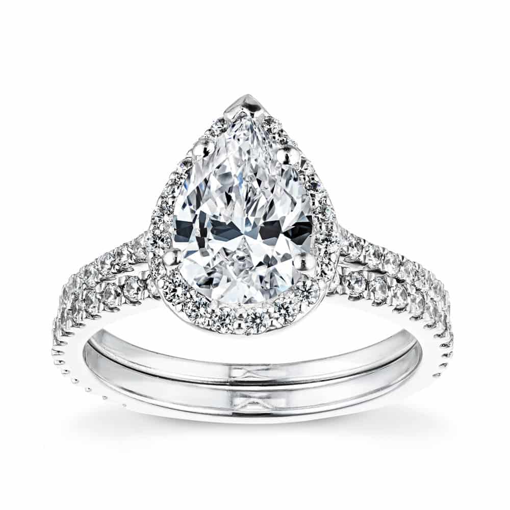 Shown with with its matching ring set with a 1.0ct Pear cut Lab-Grown Diamond in recycled 14K white gold 