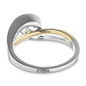 Modern two tone engagement ring with 1ct round cut lab grown diamond set in 14k white gold and 14k yellow shown from back