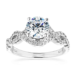 Stunning ethical diamond accented engagement ring with twisted wavy band design and a 1ct round cut lab grown diamond set in 14k white gold